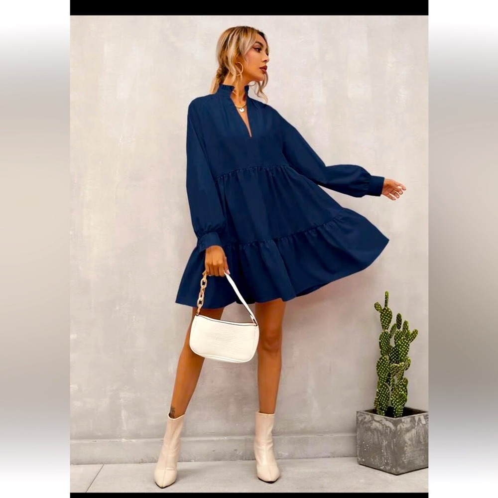 Shein short tiered long sleeve flowing , navy blue dress. High waisted large